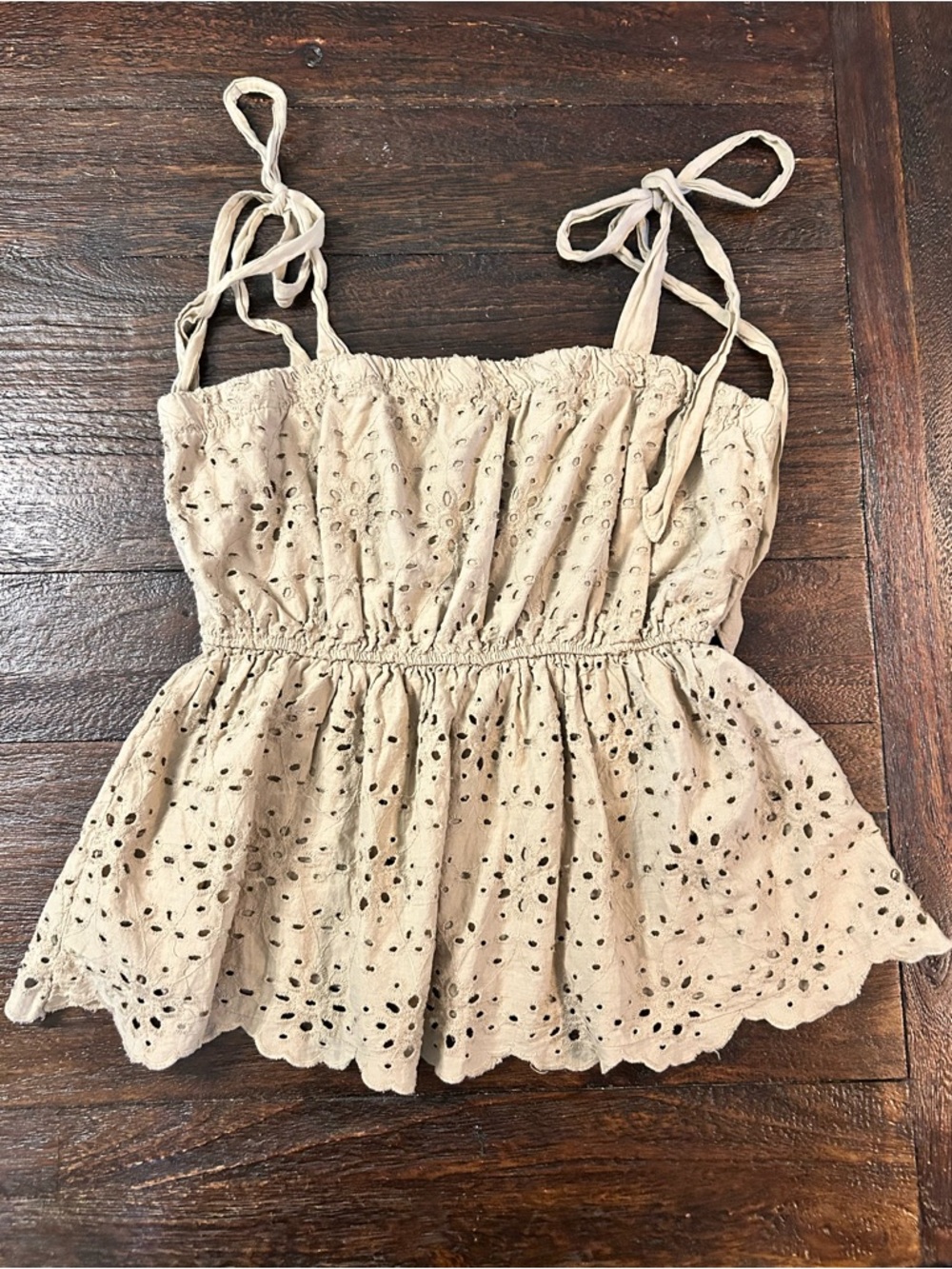 American Eagle Outfitters Cotton Light Brown Eyelet Tie-Strap Peplum Top